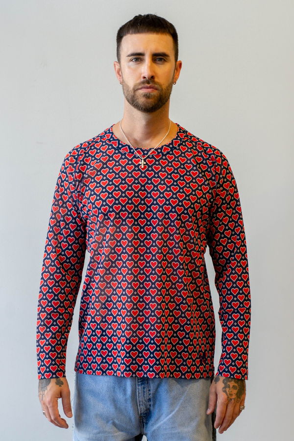 Needles L/S U Neck Poly Mesh Printed Tee - Navy/Heart